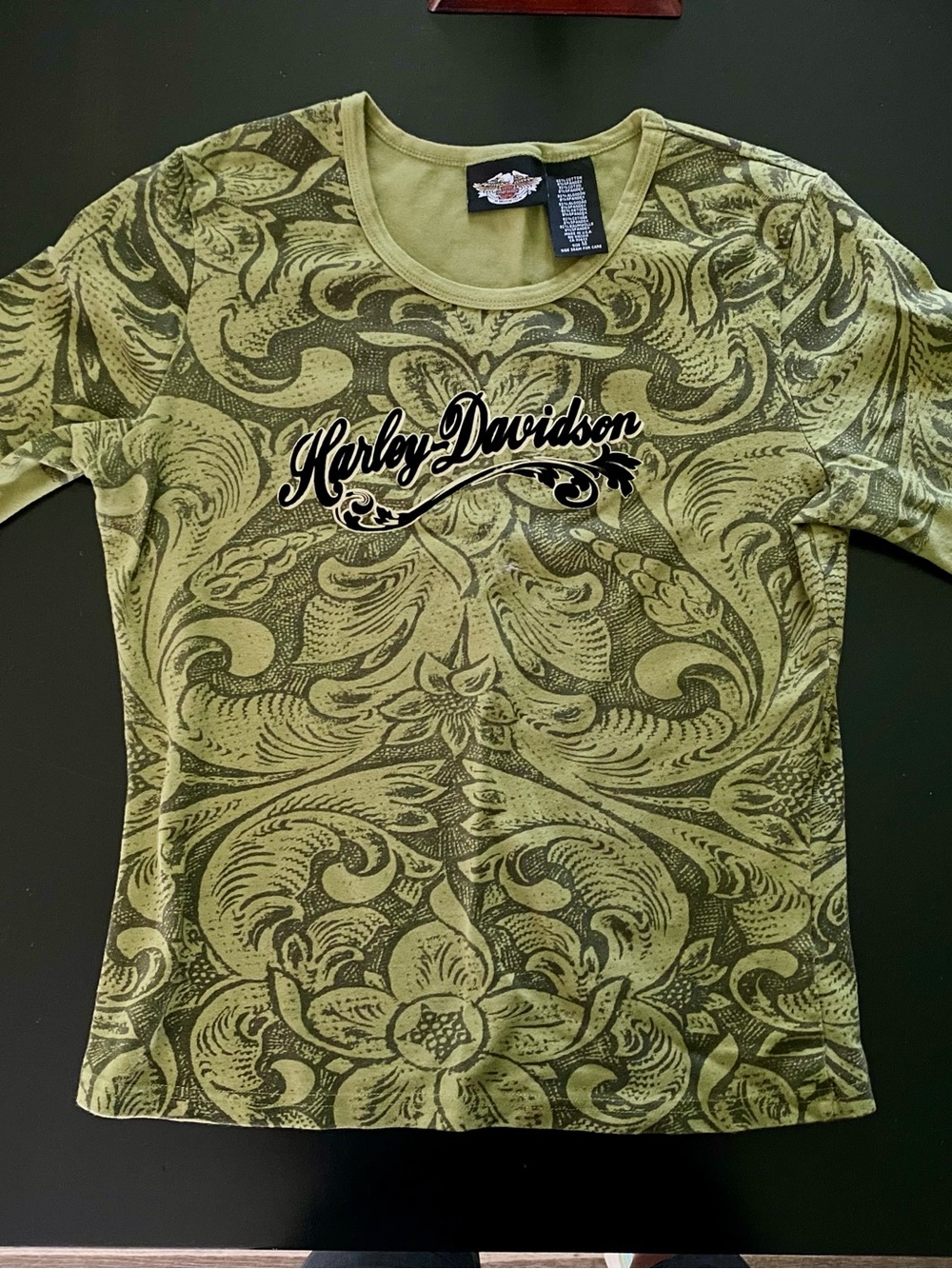 Harley-Davidson Olive Green Paisley Graphic Top Sz M